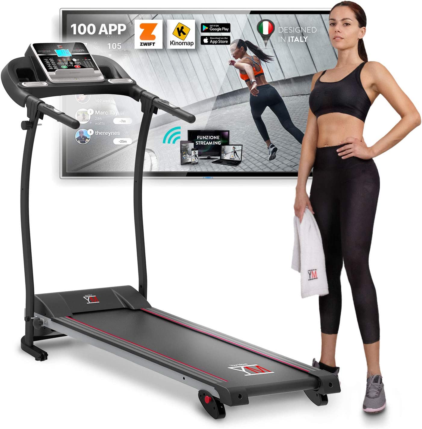 YM Tapis De Course Pliable Electrique 11 km/h, App KINOMAP et ZWIFT Coaching/Multijoueur