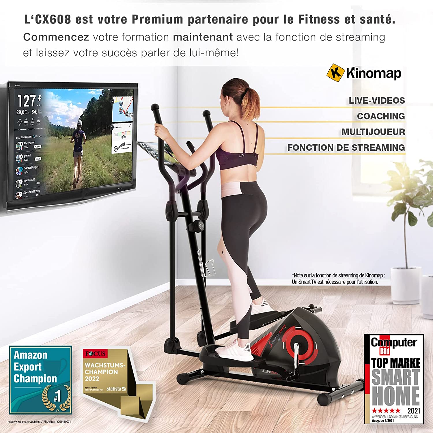 Sportstech CX608 Crosstrainer pour Maison | Événements vidéo & Application multijoueur & Console Bluetooth|Vélo d'exercice Ergomètre pour Entraînement d'endurance Ceinture Cardiaque Incluse