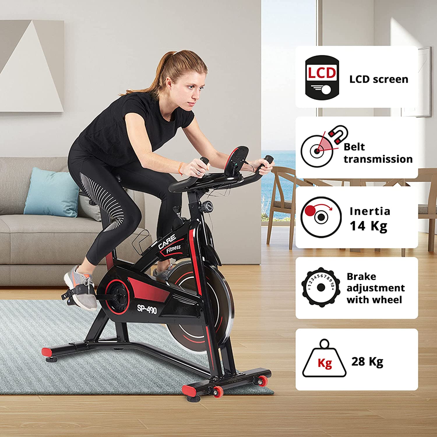 CARE FITNESS - Vélo Droit d’Intérieur Spibike SP-490 - Vélo d'appartement - Confortable et Silencieux – Vélo Sport Biking Indoor avec Réglage Amplitude Articulaire Noir 74490