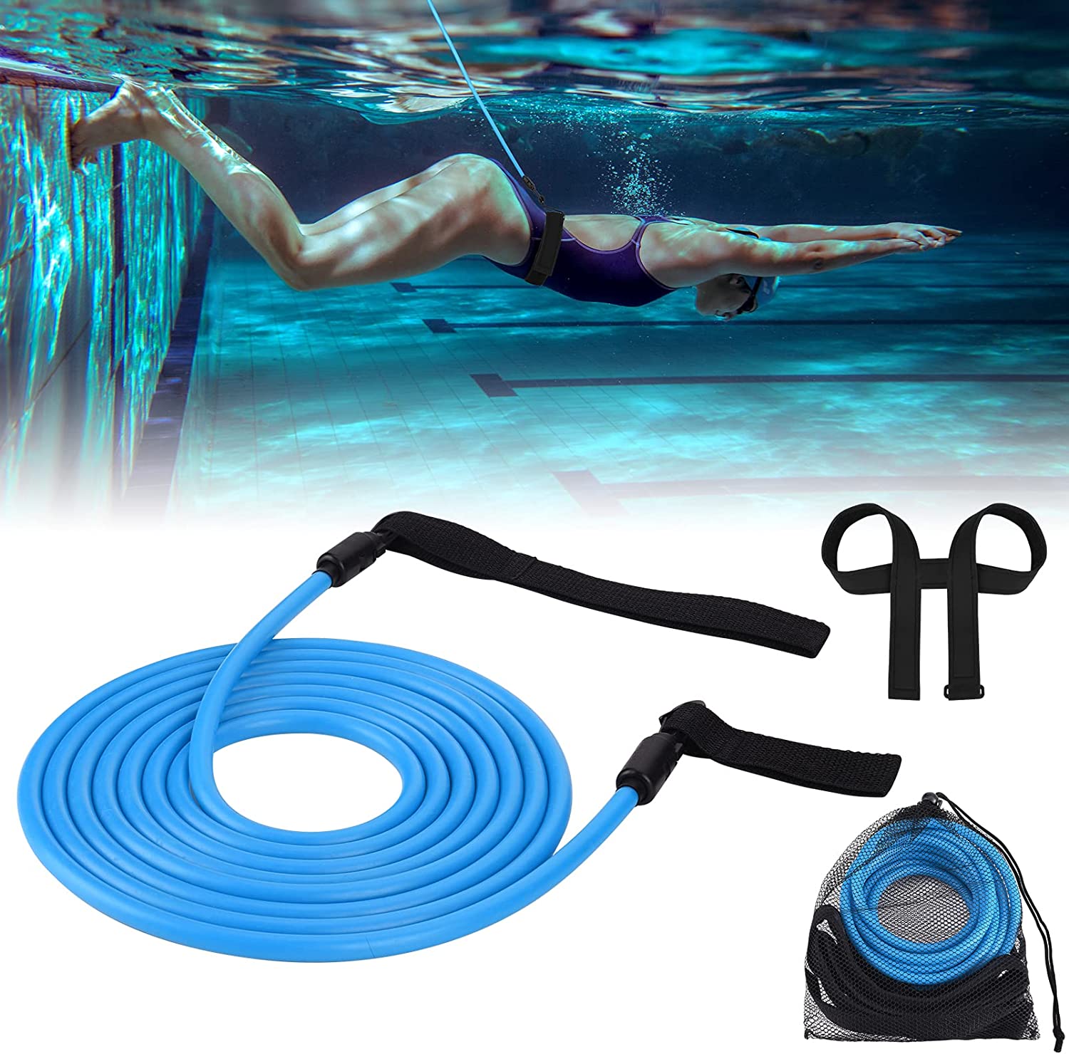 Piscine Ceinture Élastique de Natation Nage: Nageur Entraînement Kit Matériel Harnais sur Corde Statique Pochette Flottaison Réglable Ceinture de Résistance pour Nager Stationnaire Exercice Sangle