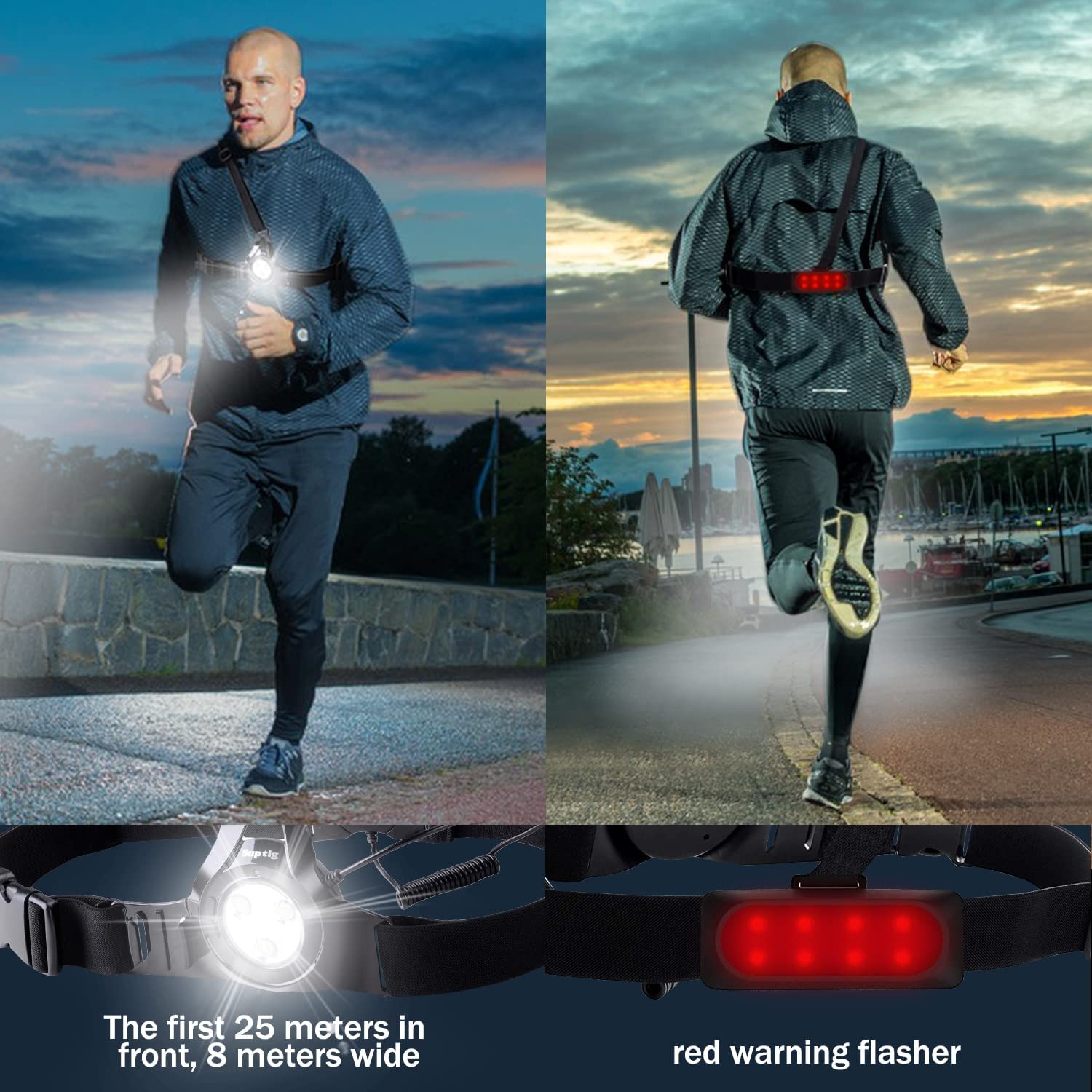 Suptig Running Light, 3 modes de luminosité, Batterie Au Lithium Rechargeable Intégrée De 2600 mAh, A Une Lumière Rouge Sur Le Dos Avec La Sécurité, Pour Les Coureurs De Nuit