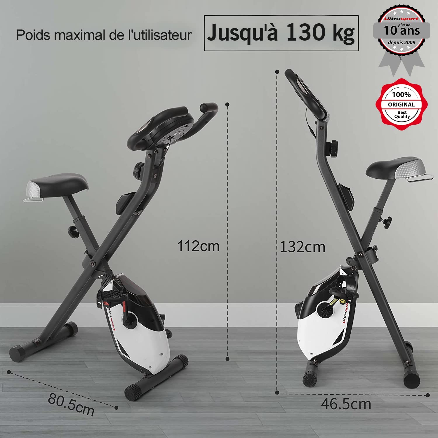 Ultrasport F-Bike, vélo d'entraînement, home trainer pliable, écran LCD, capteurs de pouls opt., niveaux de résistance réglables