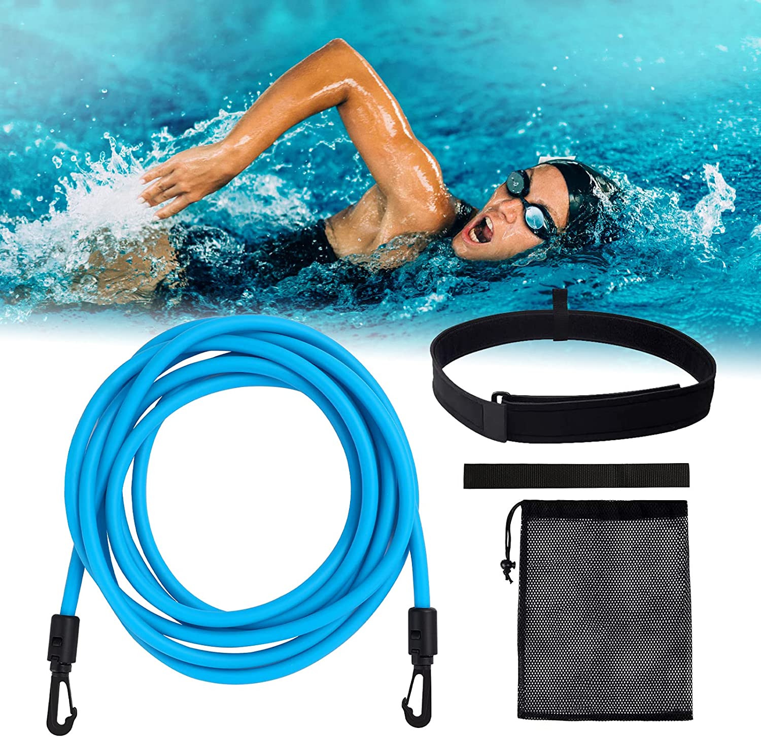 Résistance Elastique de Nage, 4M Réglable Elastique de Nage Piscine, Entraînement Ceinture de Natation, Elastique Natation pour Adultes et Enfants, Utilisation Professionnelle, Amatrice ou Récréative