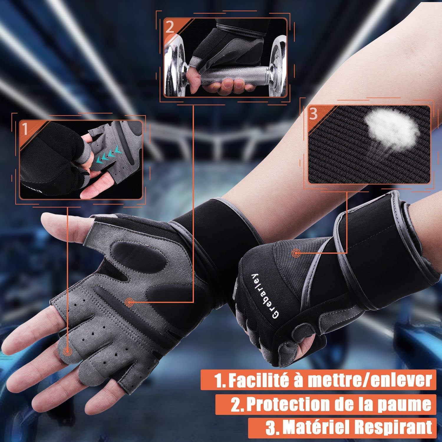 Grebarley Gant Fitness,Gants de Sport Gants pour Levage de Poids D’entraînement avec Soutien au Poignet,Respirants pour Fitness