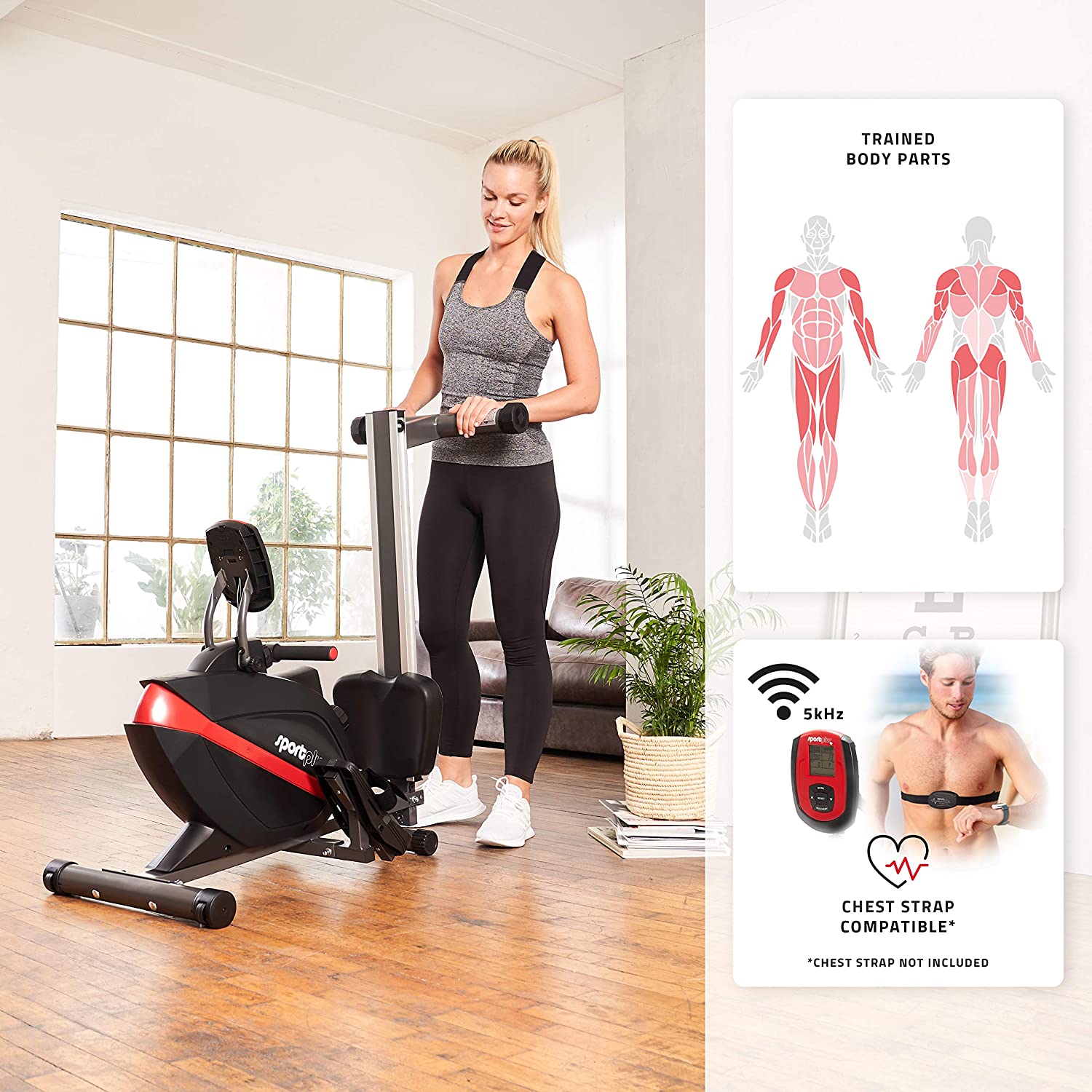 SportPlus Rameur à Domicile | Disponible avec Bluetooth, Pliable, système de freinage magnétique Silencieux, 8 Niveaux de résistance, Masse d'inertie 8 kg