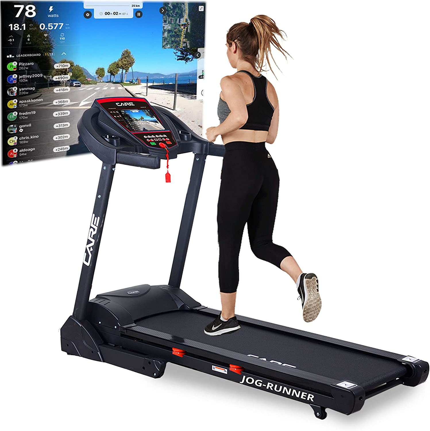 CARE FITNESS - Tapis de Course Connecté Jog Runner - Tapis de Marche Électrique Inclinable et Pliable - 18 Niveaux d'Inclinaison - 25 Programmes d'Entraînement