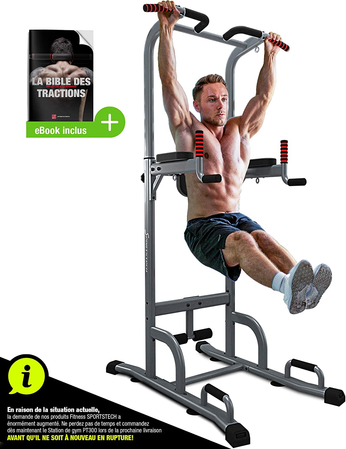 Sportstech Chaise Romaine 7 en 1 PT300 Power Tower Tour de Musculation Multifonctions Barre de Traction, Station de tractions dips abdominaux, accoudoirs, poignées pour Pompe, Fitness, TRX